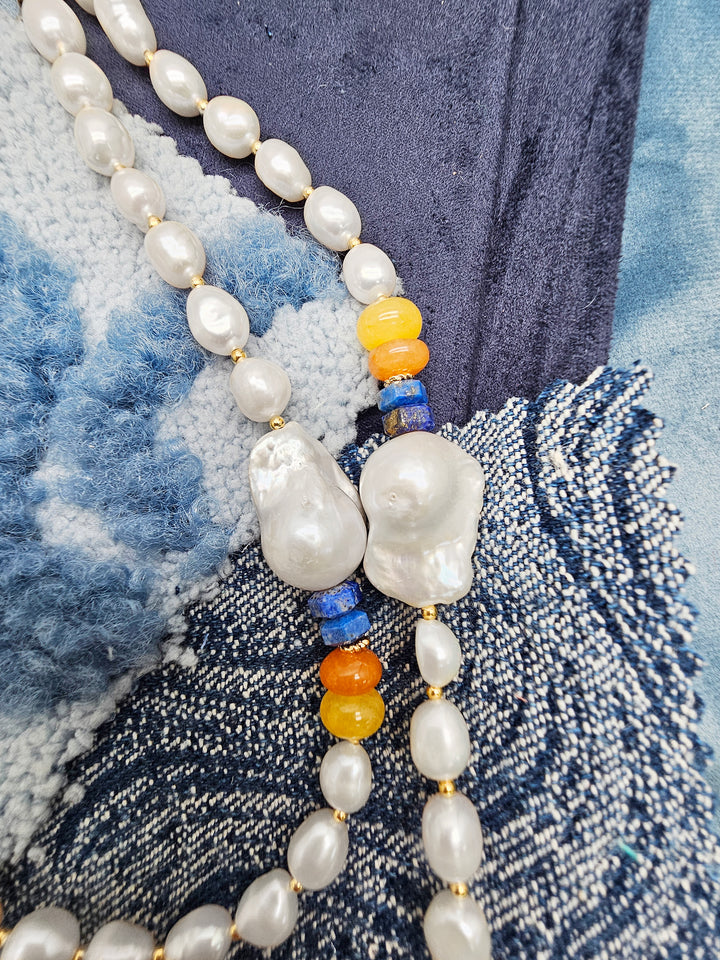 Freshwater Baroque Pearl With Colorful Gemstone Long Necklace SN018