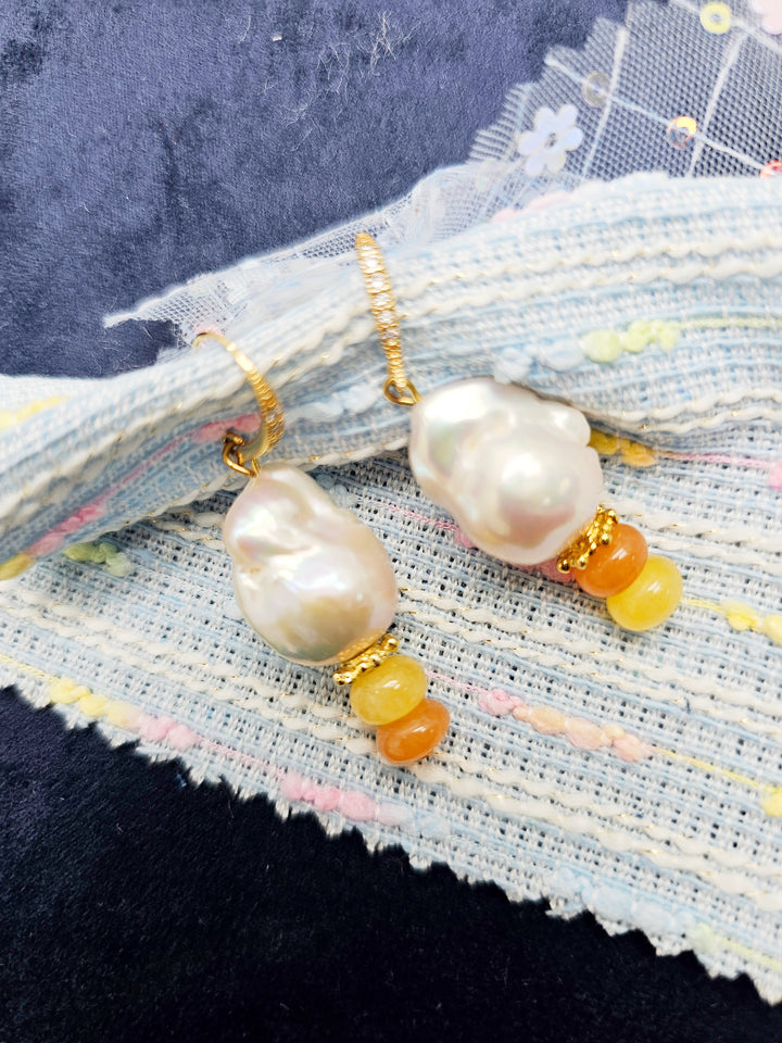 Baroque Pearl With Orange Tone Gemstone Earrings SE012