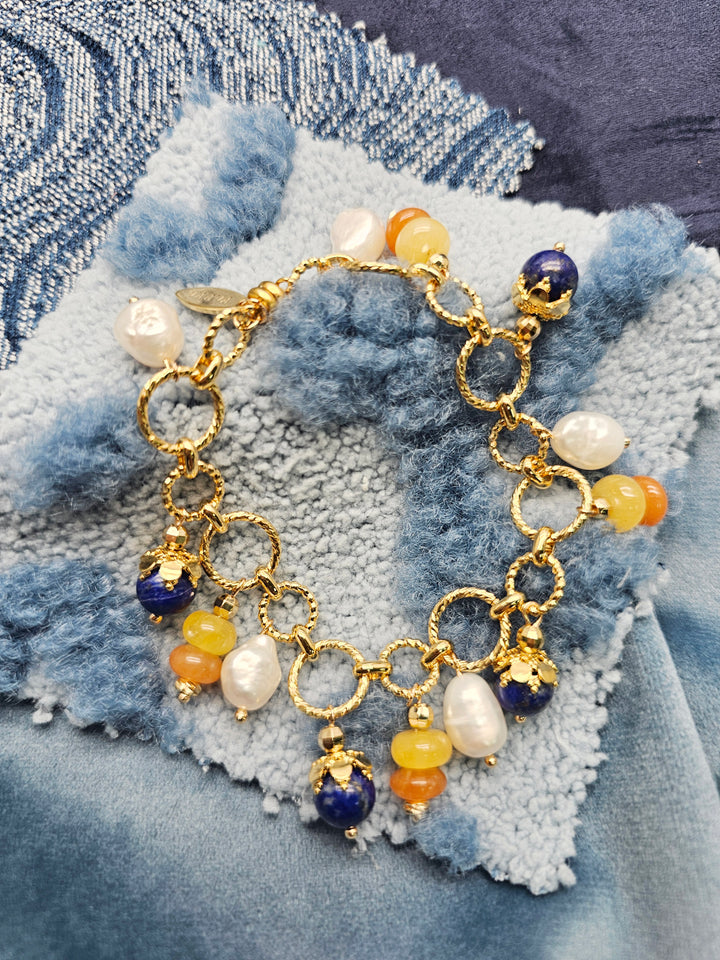 Colorful Gemstone With Freshwater Pearl Charms Bracelet SB009