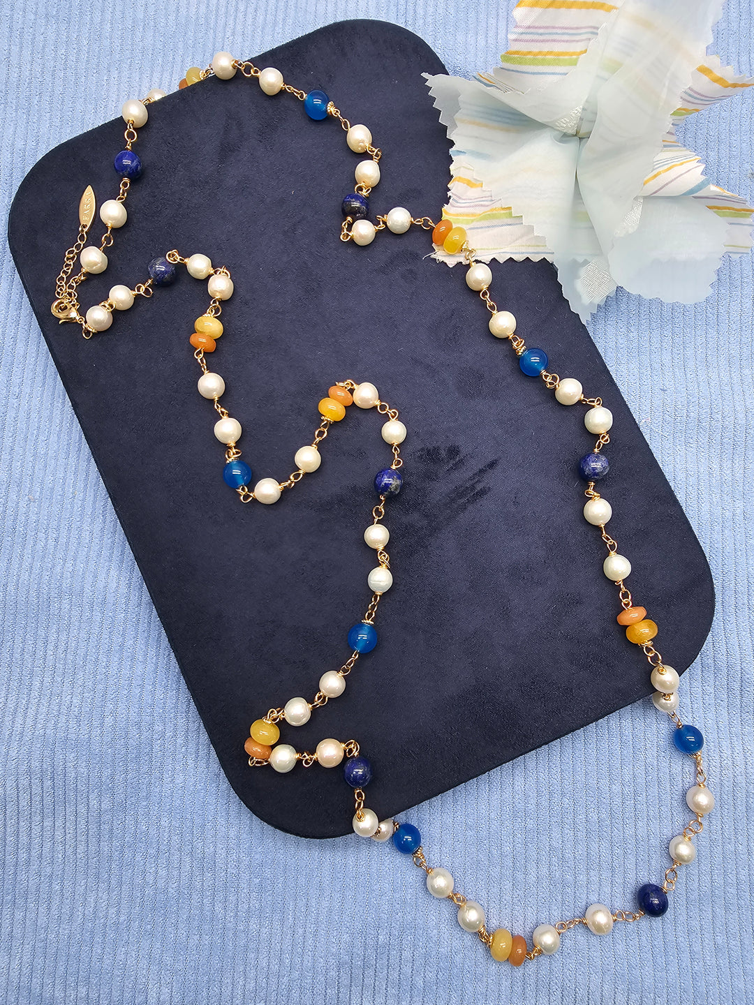 Lapis And Colorful Gemstone With Freshwater Pearl Station Long Necklace SN022