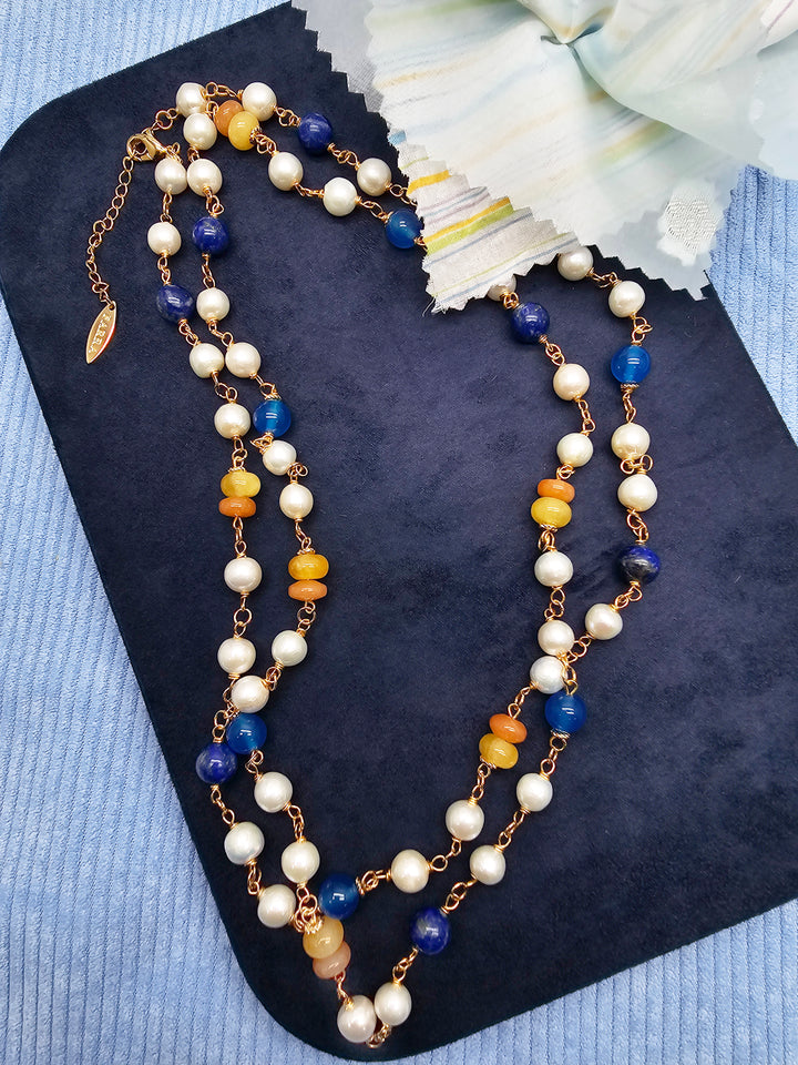Lapis And Colorful Gemstone With Freshwater Pearl Station Long Necklace SN022