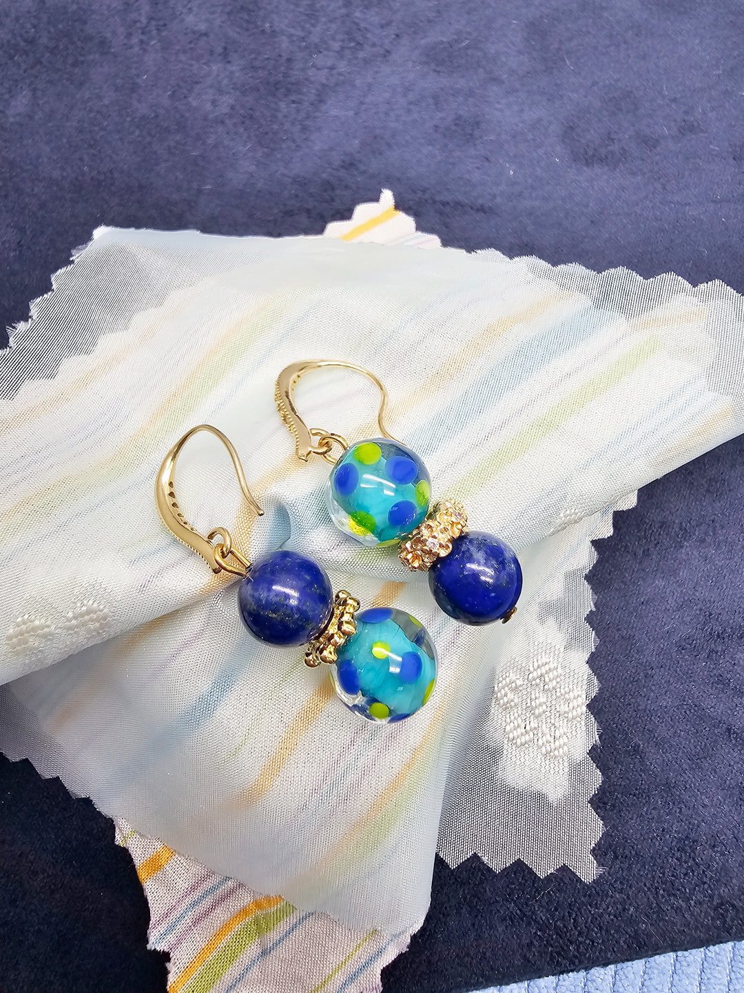 Lapis Lazuli and Colorful Glass Bead Gold Hook Drop Earrings SE010