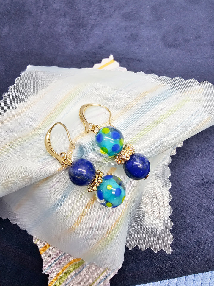 Lapis Lazuli and Colorful Glass Bead Gold Hook Drop Earrings SE010