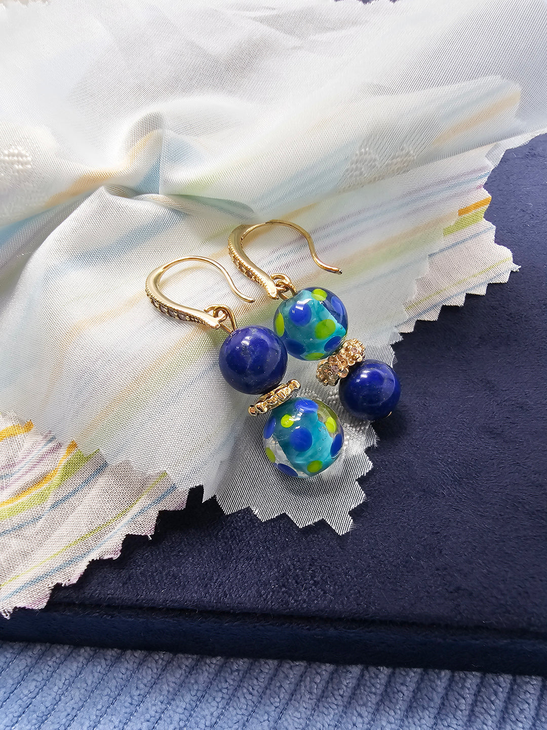 Lapis Lazuli and Colorful Glass Bead Gold Hook Drop Earrings SE010