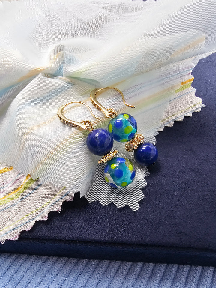 Lapis Lazuli and Colorful Glass Bead Gold Hook Drop Earrings SE010