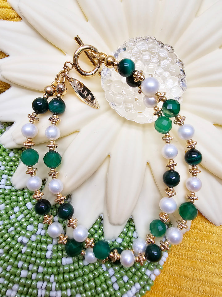Green Gemstone With Freshwater Pearl Double Layers Bracelet SB012