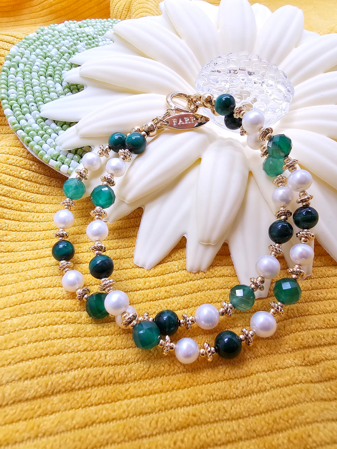 Green Gemstone With Freshwater Pearl Double Layers Bracelet SB012