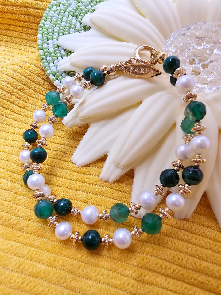 Green Gemstone With Freshwater Pearl Double Layers Bracelet SB012