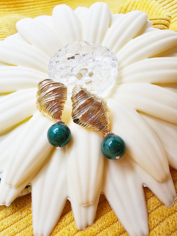 Malachite Dangle Gold Stud Earrings SE018