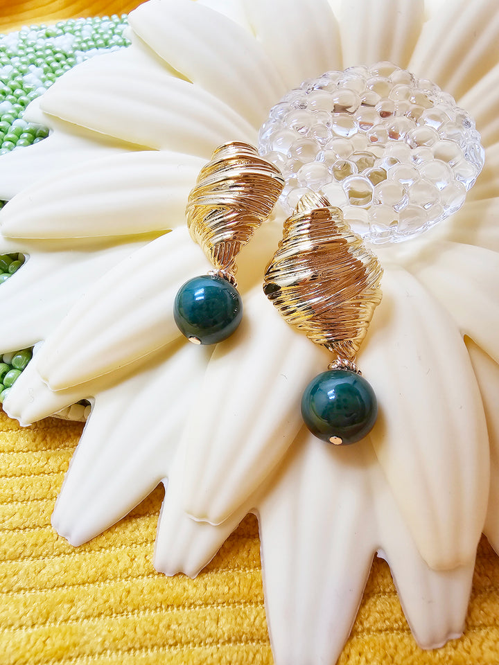 Malachite Dangle Gold Stud Earrings SE018