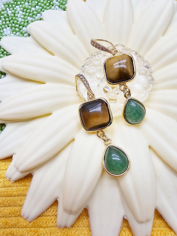 Brown Tiger-eye Stone And Teardrop Aventurine Dangle Earrings SE015