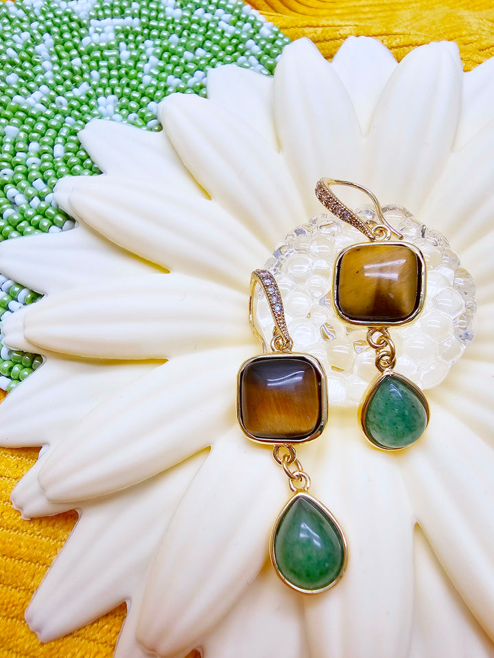 Brown Tiger-eye Stone And Teardrop Aventurine Dangle Earrings SE015