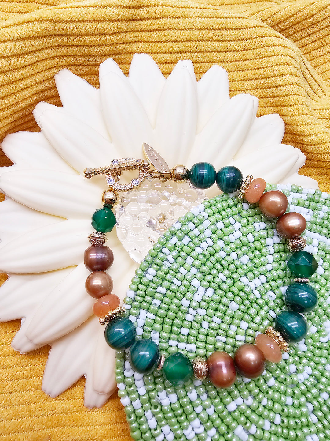 Vintage Style Malachite With Brown Freshwater Pearl And Gemstone Bracelet SB011