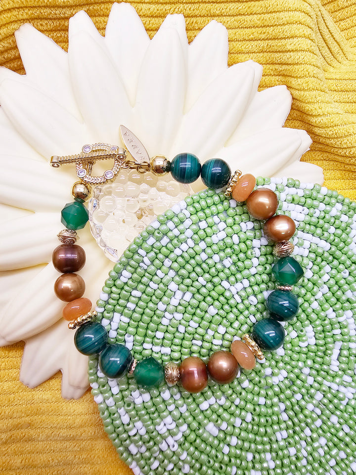 Vintage Style Malachite With Brown Freshwater Pearl And Gemstone Bracelet SB011