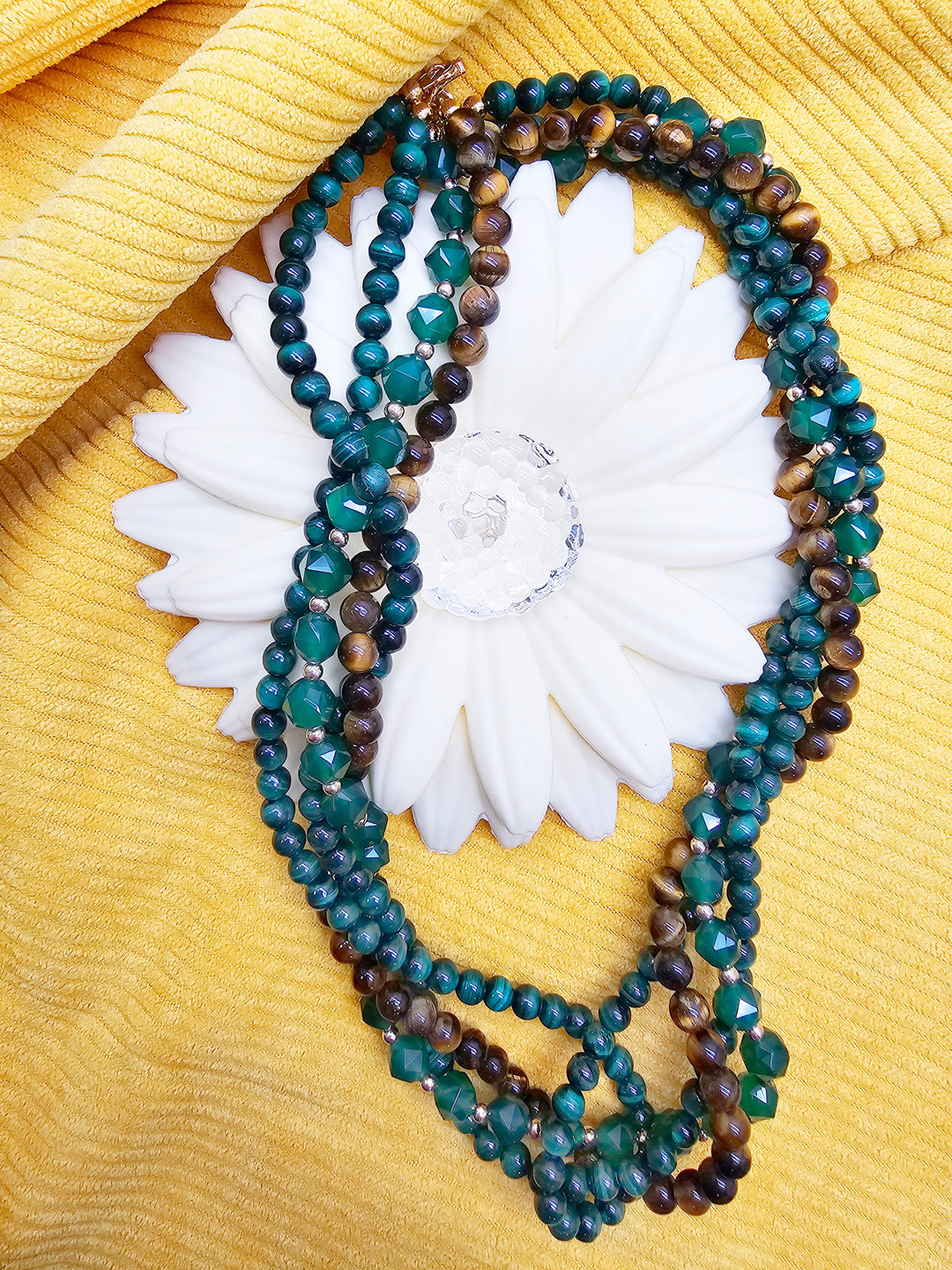 Green Gemstone With Brown Tiger-eye Stone Multi-Layers Necklace SN025
