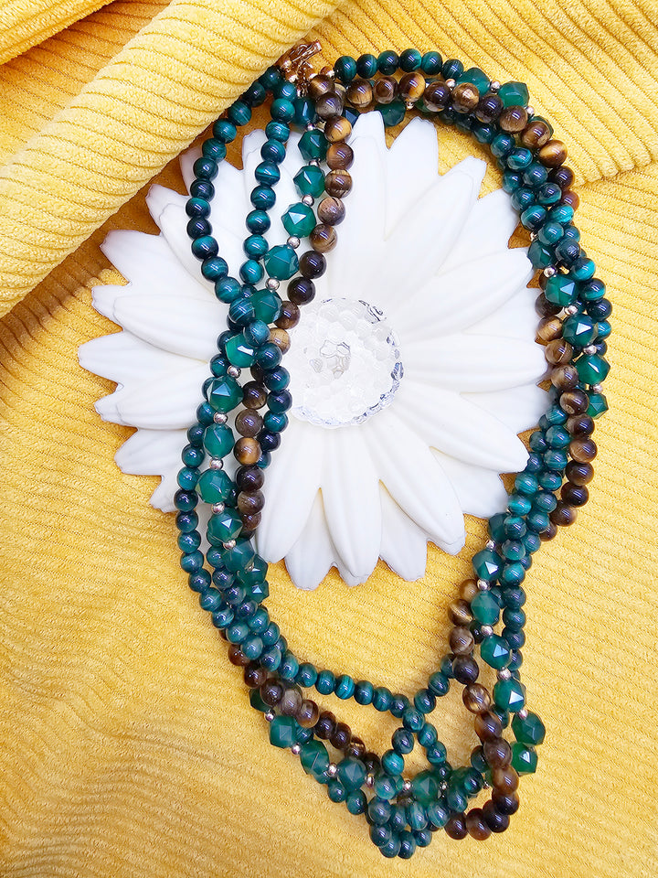 Green Gemstone With Brown Tiger-eye Stone Multi-Layers Necklace SN025