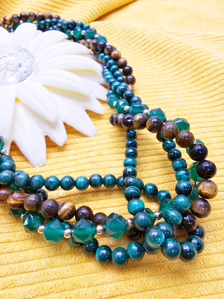 Green Gemstone With Brown Tiger-eye Stone Multi-Layers Necklace SN025