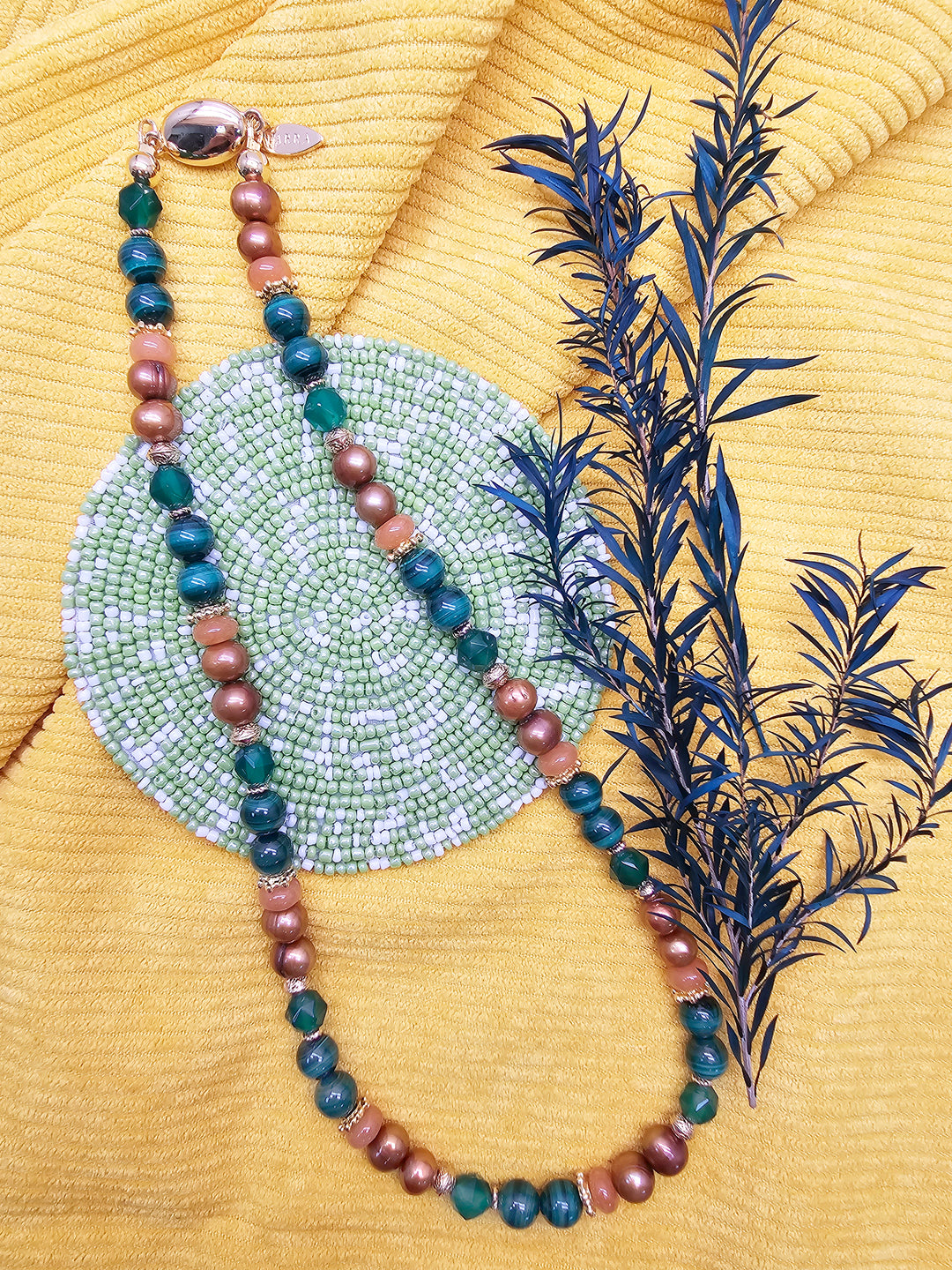 Vintage Style Malachite With Brown Freshwater Pearl And Gems Necklace SN023