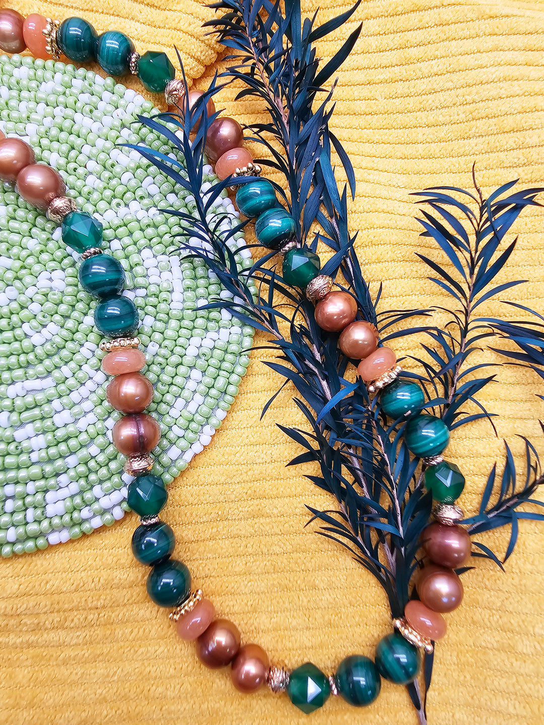 Vintage Style Malachite With Brown Freshwater Pearl And Gems Necklace SN023
