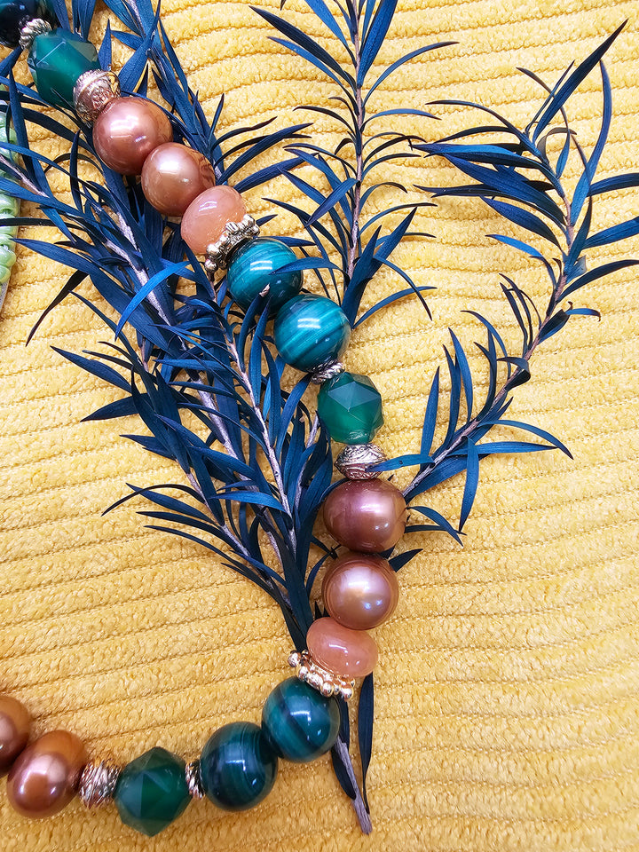 Vintage Style Malachite With Brown Freshwater Pearl And Gems Necklace SN023
