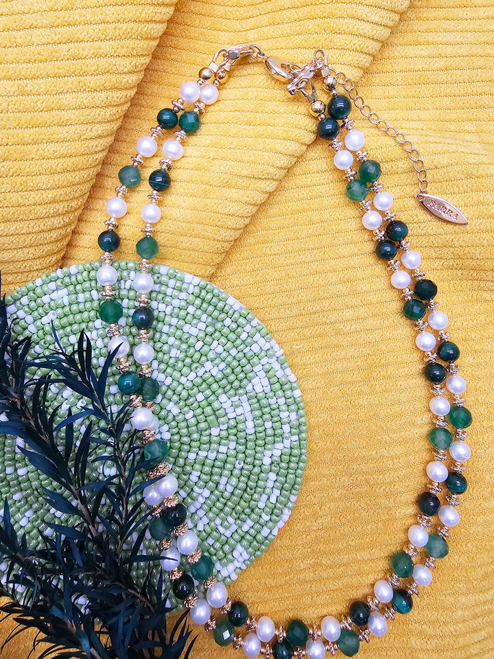 Green Gemstone And Freshwater Pearls Double Layers Necklace SN024