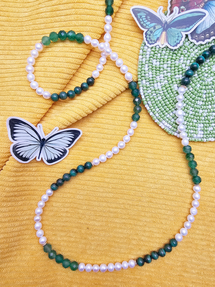 Freshwater Pearl With Green Malachite And Agate Long Necklace SN027