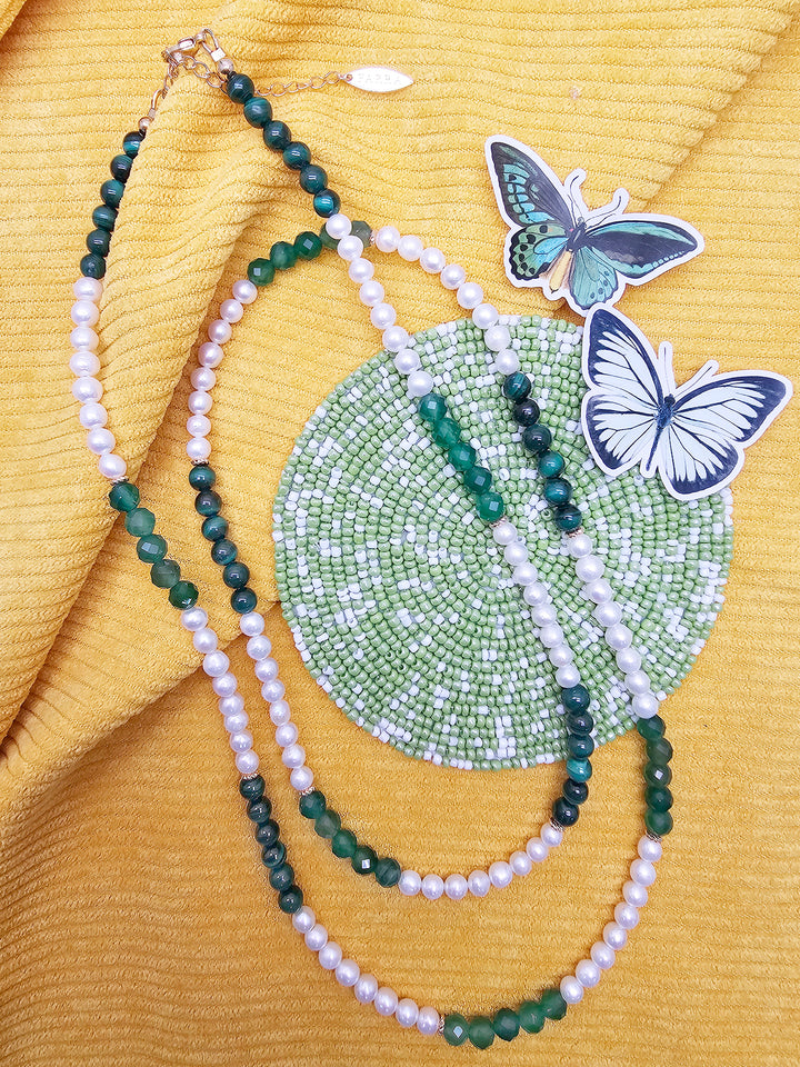 Freshwater Pearl With Green Malachite And Agate Long Necklace SN027