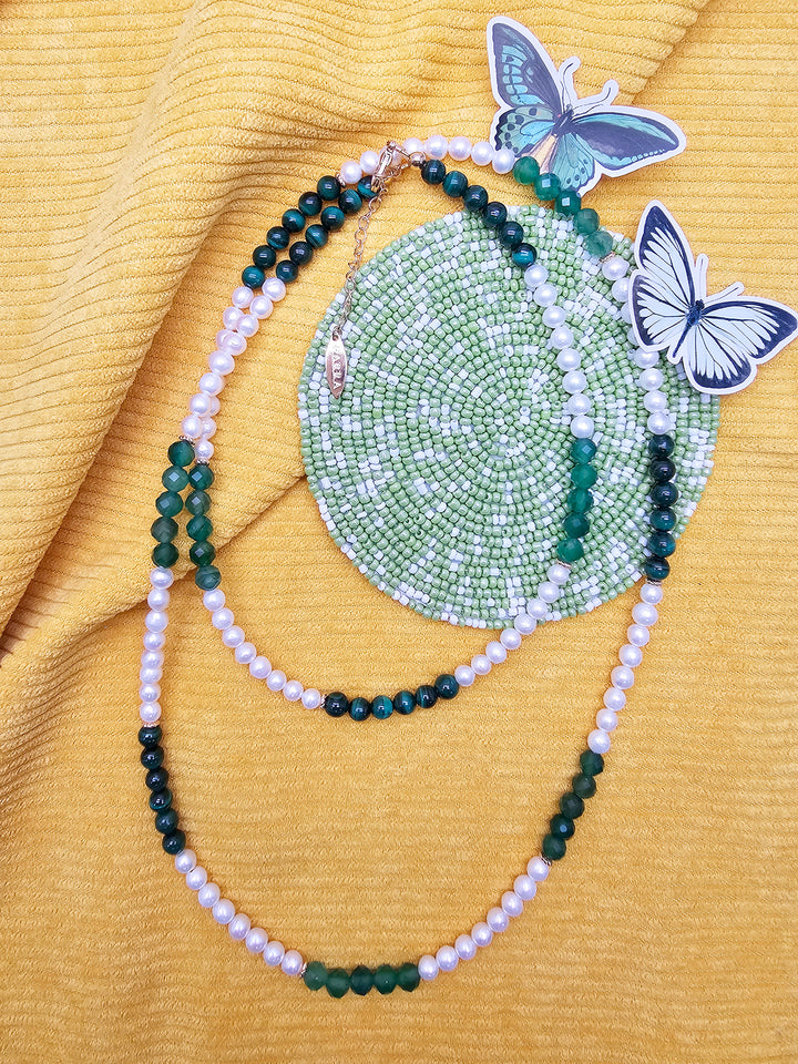 Freshwater Pearl With Green Malachite And Agate Long Necklace SN027