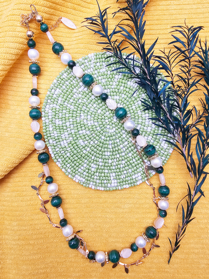 Boho Chic Malachite With Leaves Shell And Pearls Layered Necklace SN028