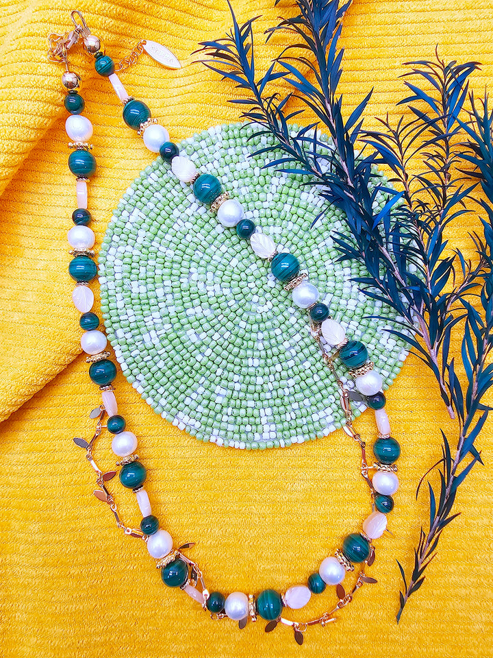 Boho Chic Malachite With Leaves Shell And Pearls Layered Necklace SN028