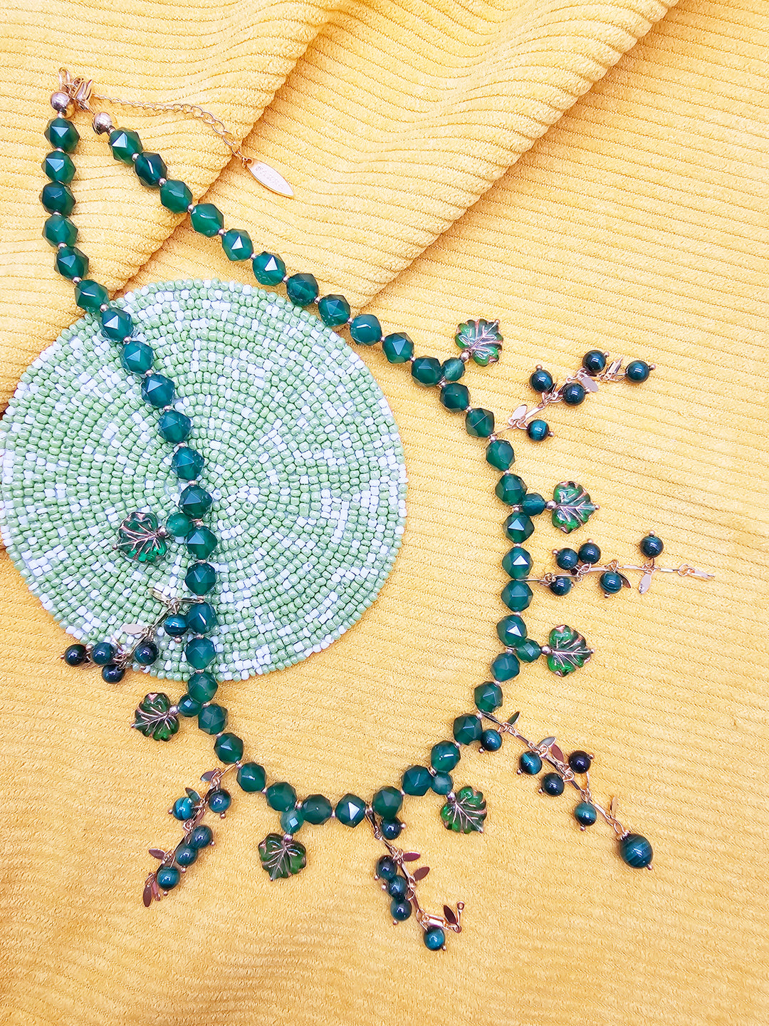 Natural Inspired Green Gemstone With Leaves Charm Tassel Necklace SN026