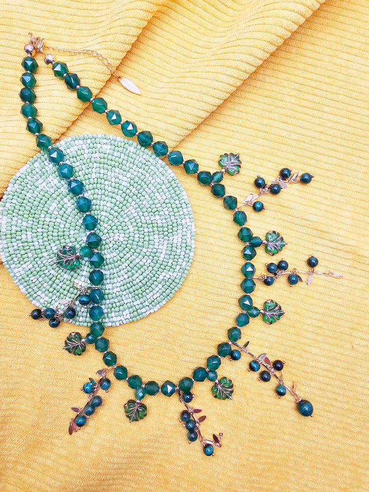Natural Inspired Green Gemstone With Leaves Charm Tassel Necklace SN026