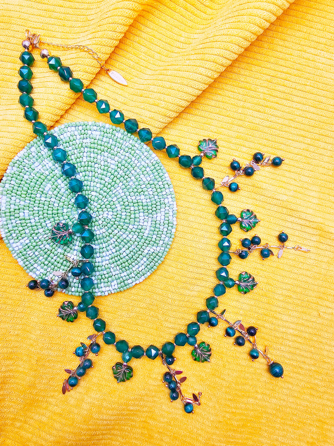 Natural Inspired Green Gemstone With Leaves Charm Tassel Necklace SN026