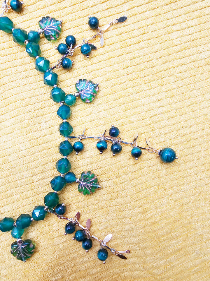 Natural Inspired Green Gemstone With Leaves Charm Tassel Necklace SN026