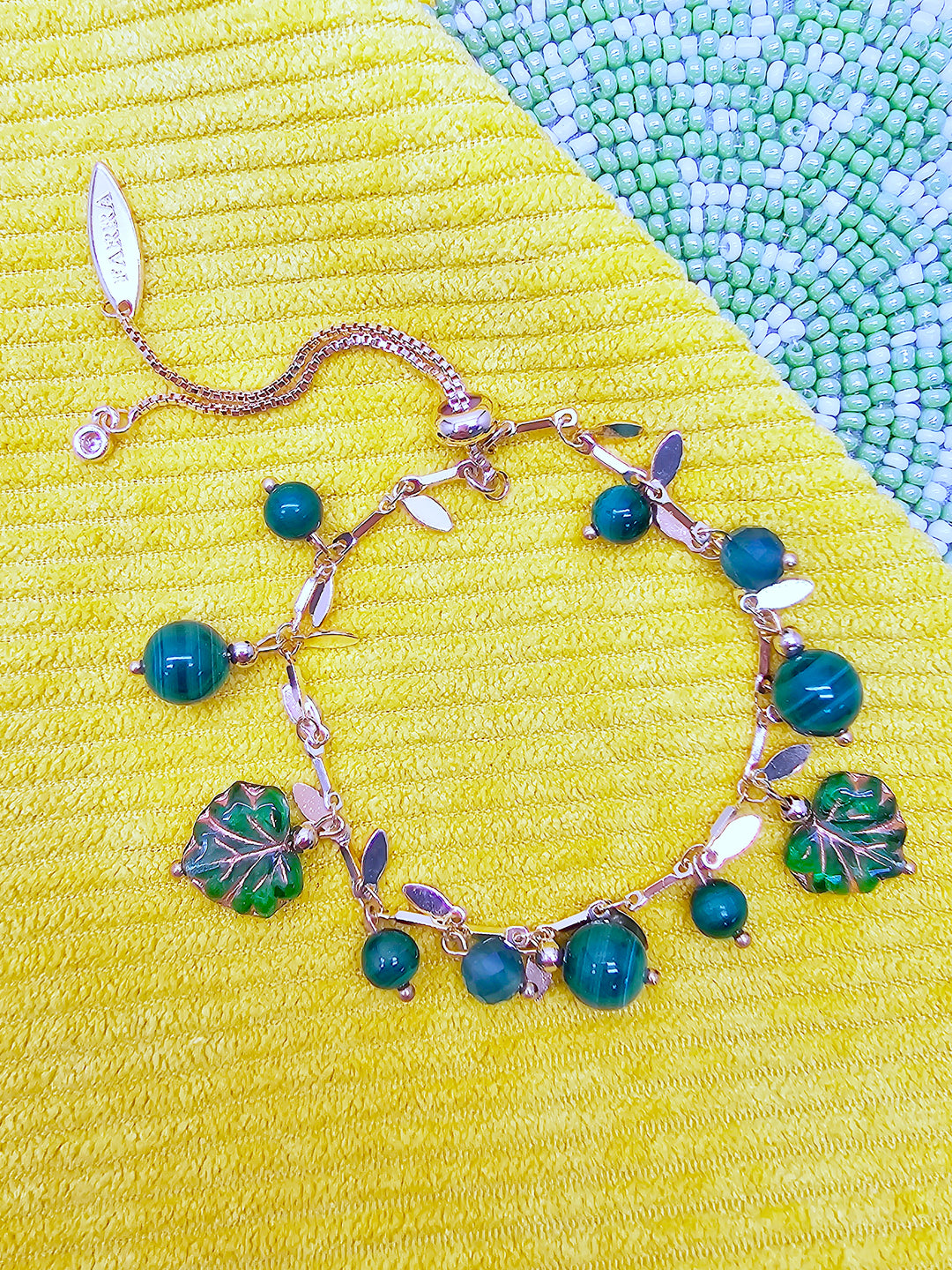 Natural-Inspired Malachite With Leaves Charm Bracelet SB014