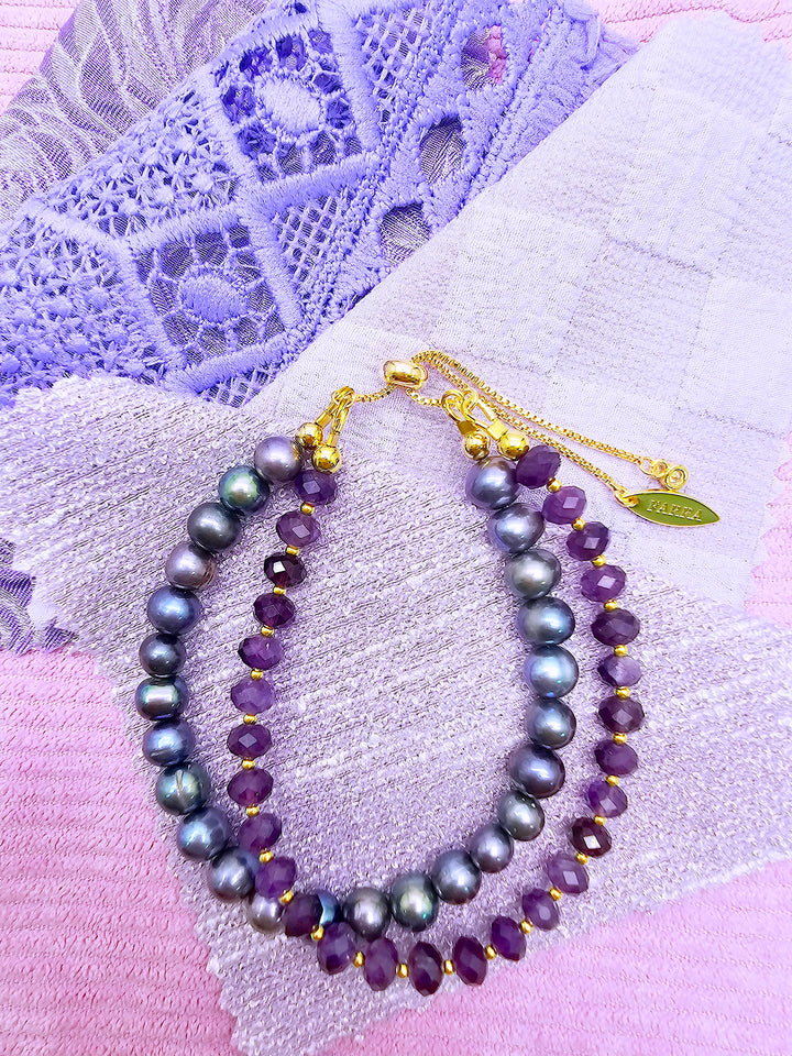 Amethyst With Purple Freshwater Pearl Double Layers Bracelet SB007