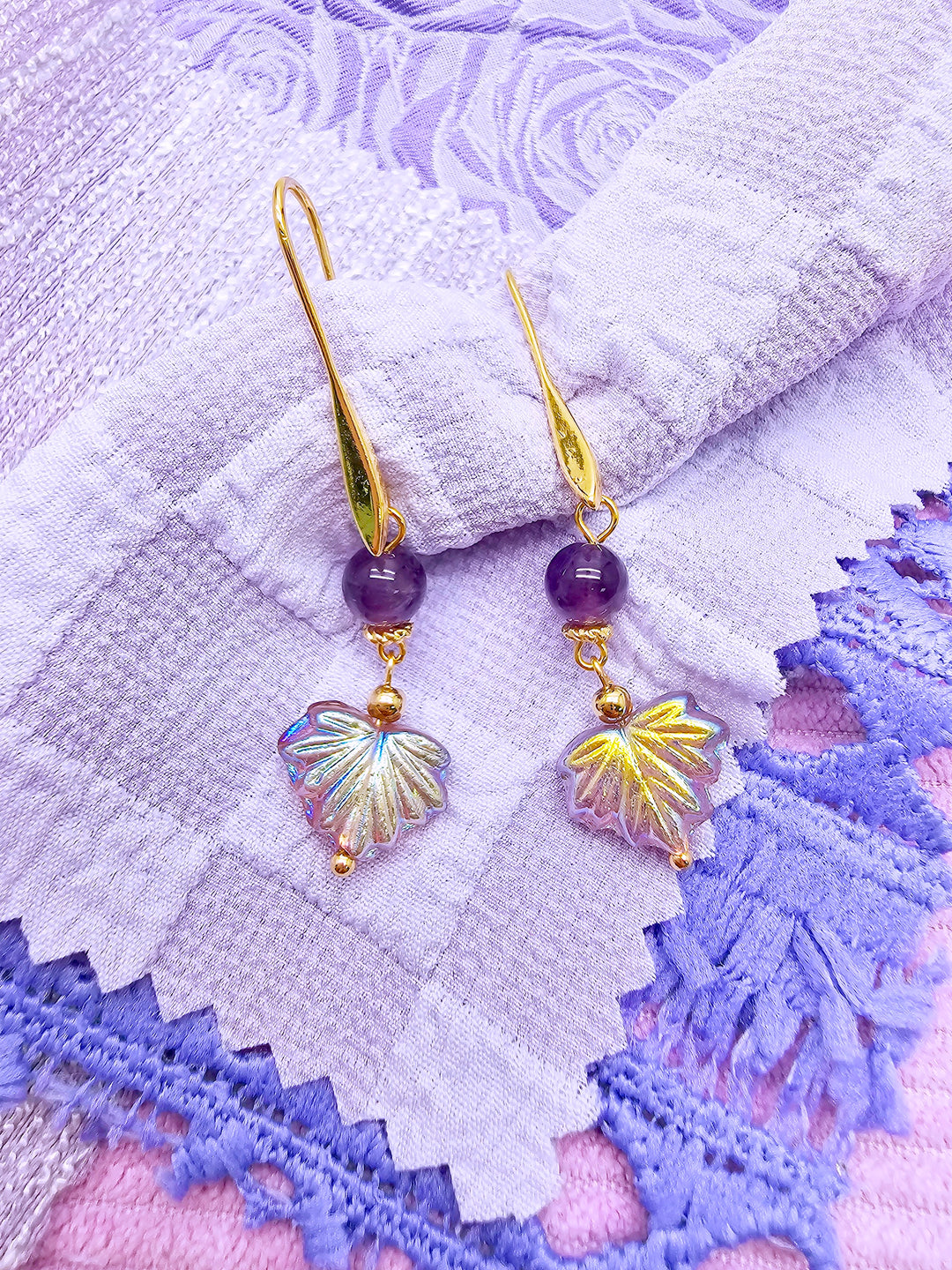 Amethyst With Leaves Charm Drop Earrings SE005