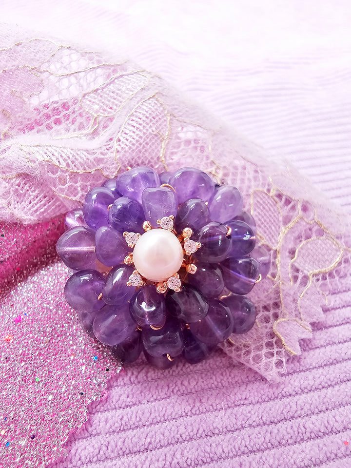 Flower Shaped Amethyst With Freshwater Pearl Brooch SP004