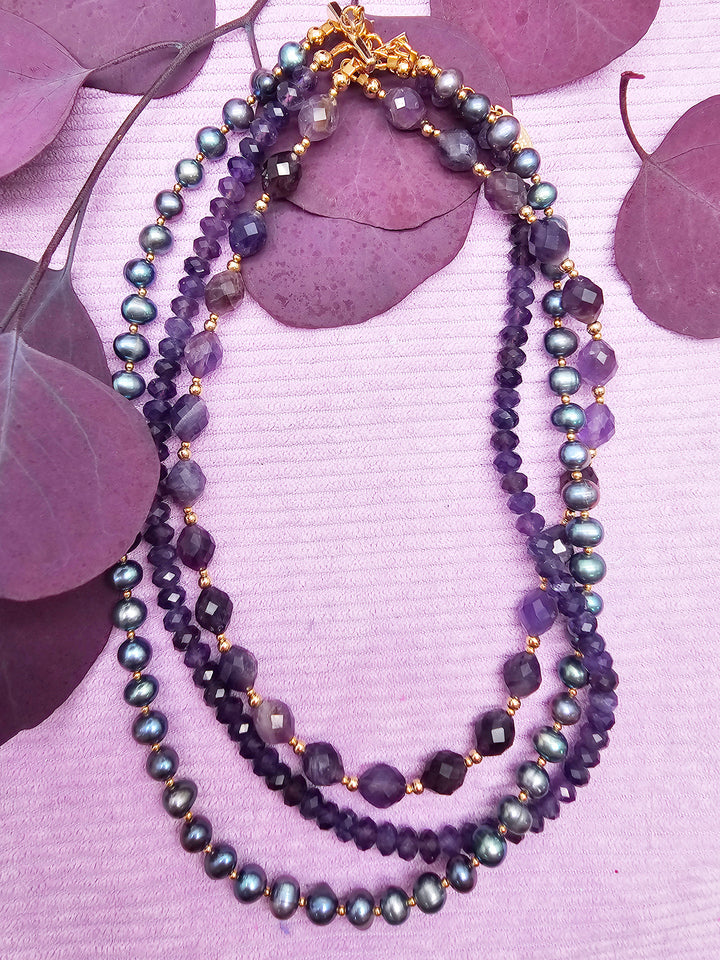 Elegant Amethyst With Purple Pearl Multi-Layers Necklace SN014