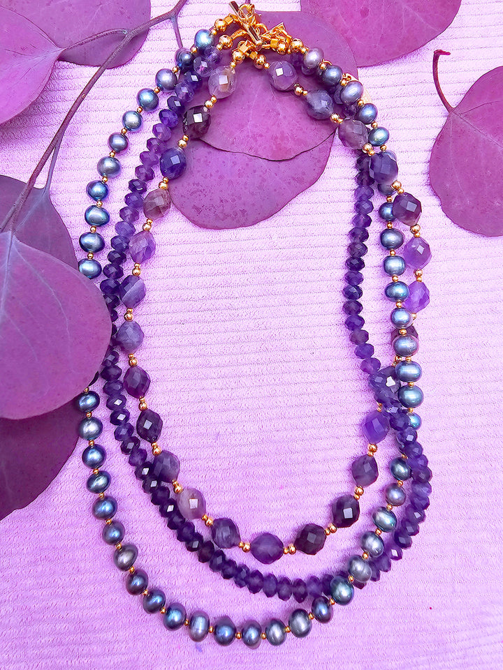 Elegant Amethyst With Purple Pearl Multi-Layers Necklace SN014