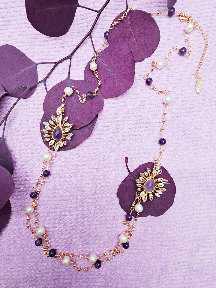 Amethyst And Freshwater Pearl With Flower Pendants Station Necklace SN013