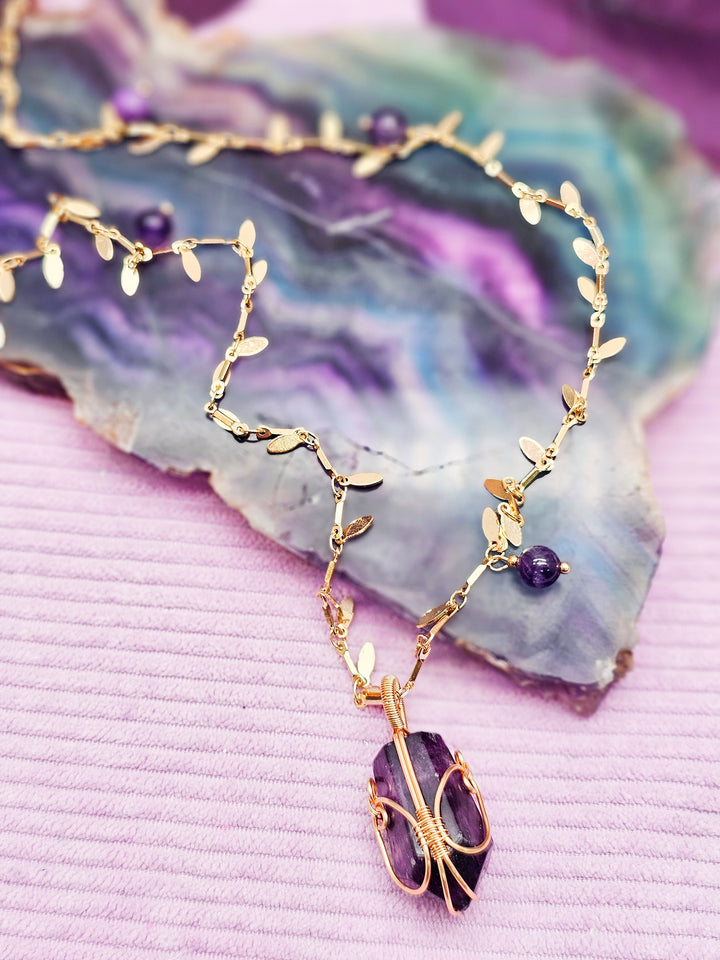 Leaves Chain With Amethyst Pendant Long Necklace SN015