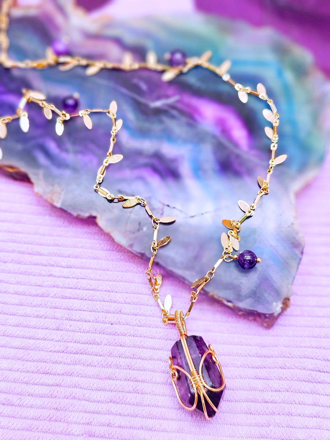 Leaves Chain With Amethyst Pendant Long Necklace SN015