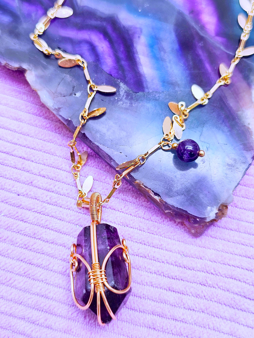 Leaves Chain With Amethyst Pendant Long Necklace SN015