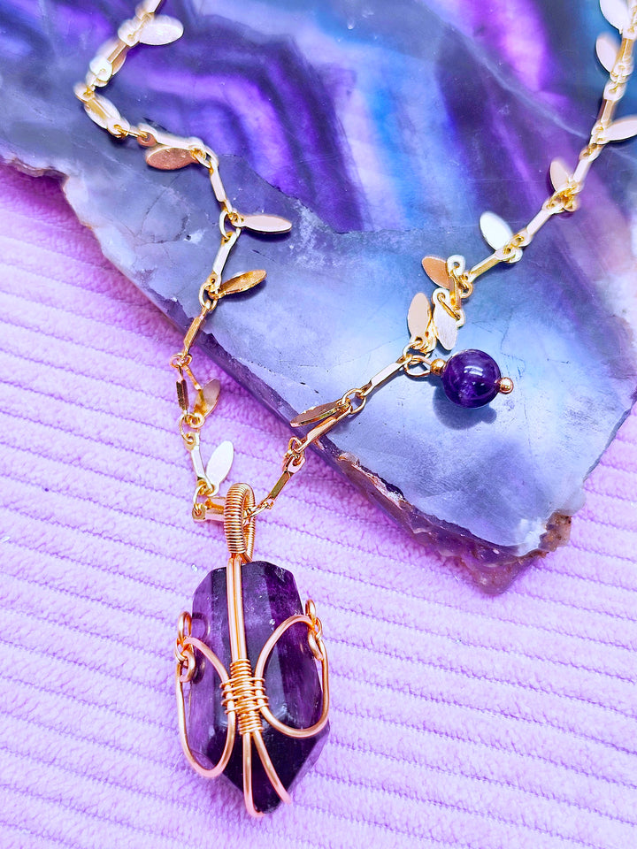 Leaves Chain With Amethyst Pendant Long Necklace SN015