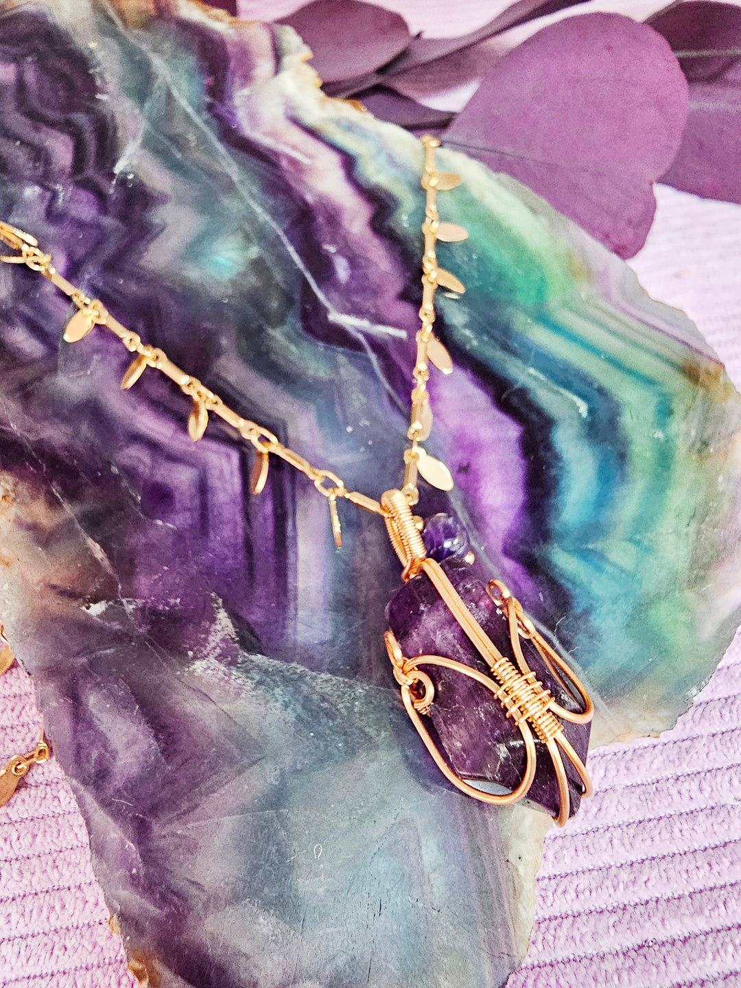 Leaves Chain With Amethyst Pendant Long Necklace SN015