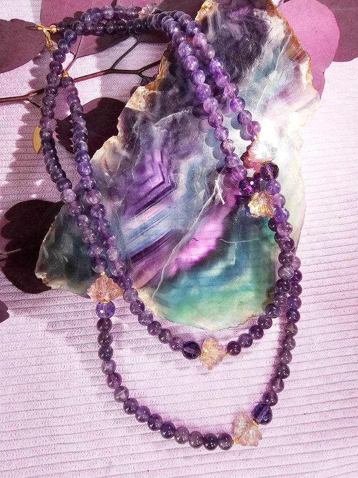 Amethyst Starnd With Leaves Long Necklace SN011