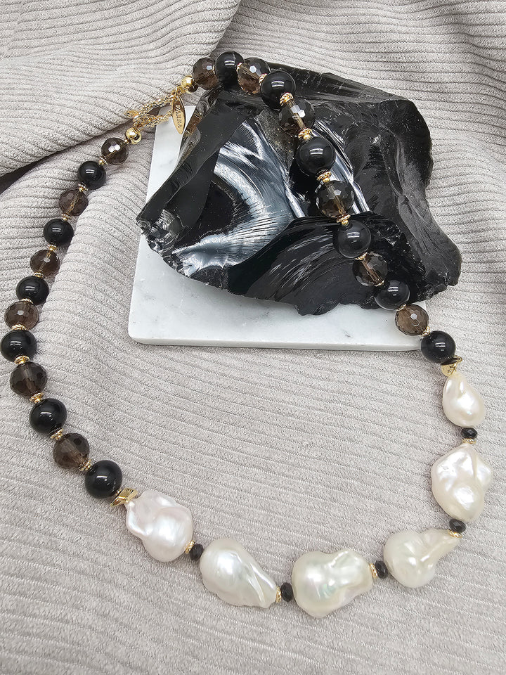 Black Quartz And Obsidian With Baroque Pearl Statement Necklace SN046