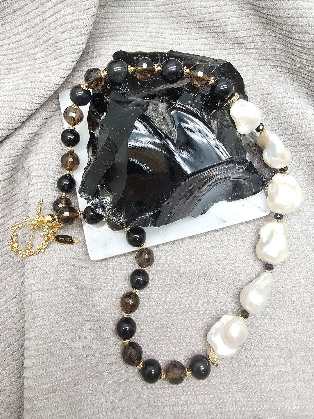 Black Quartz And Obsidian With Baroque Pearl Statement Necklace SN046