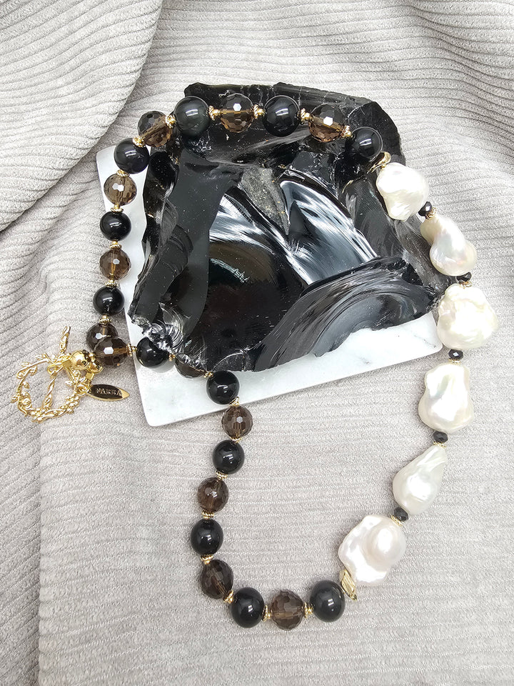 Black Quartz And Obsidian With Baroque Pearl Statement Necklace SN046